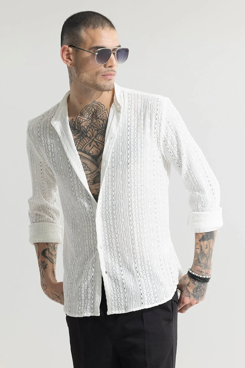 Off White Textured Long Sleeve Slim Fit Casual Shirt