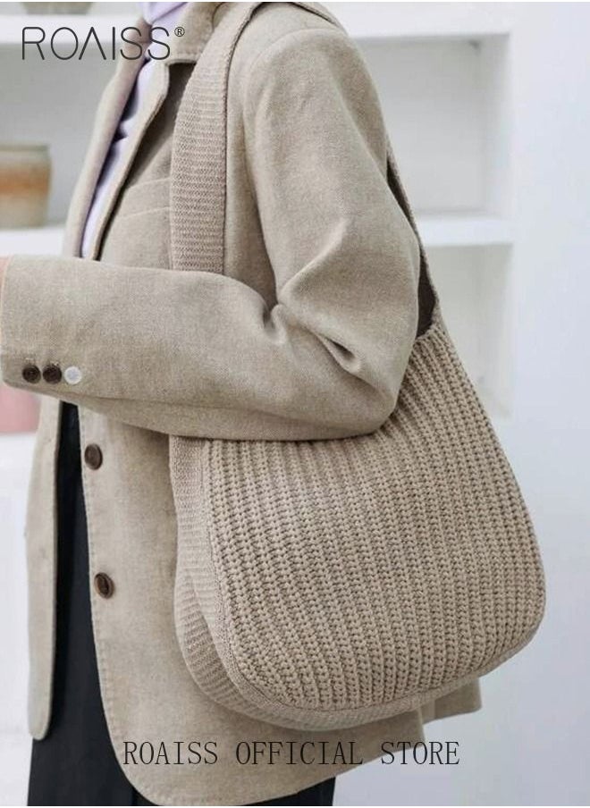 roaiss - Women Knitting Bag Large Capacity Tote Bag Messenger Bag Shoulder Bag Solid Color - Image 1