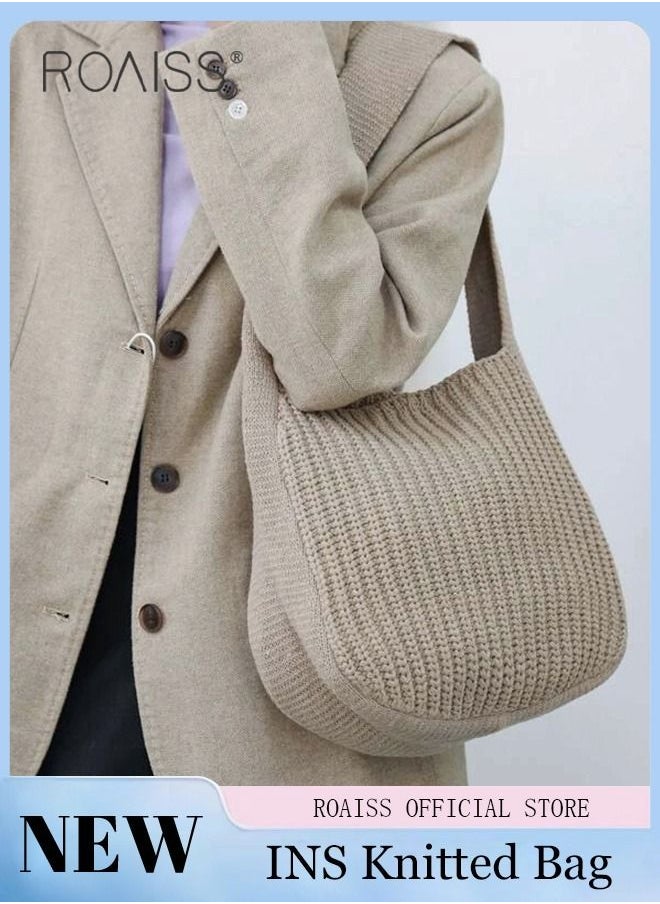 roaiss - Women Knitting Bag Large Capacity Tote Bag Messenger Bag Shoulder Bag Solid Color - Image 1