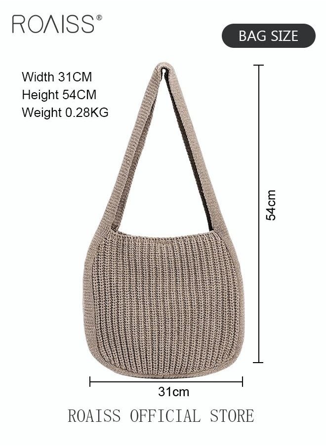 roaiss - Women Knitting Bag Large Capacity Tote Bag Messenger Bag Shoulder Bag Solid Color - Image 1