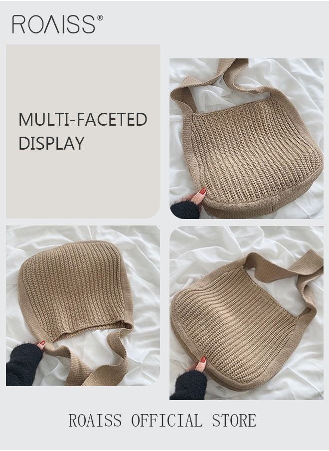 roaiss - Women Knitting Bag Large Capacity Tote Bag Messenger Bag Shoulder Bag Solid Color - Image 1