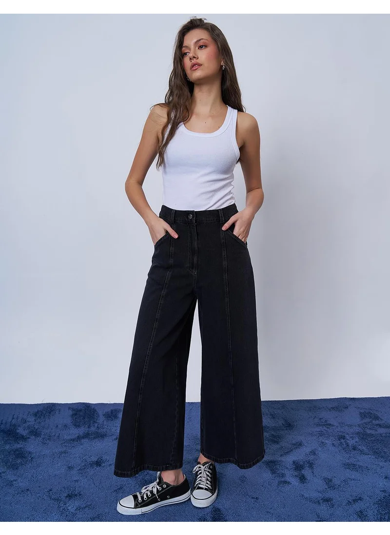 Kayra Stitch Detailed Denim Skirt Light Gray