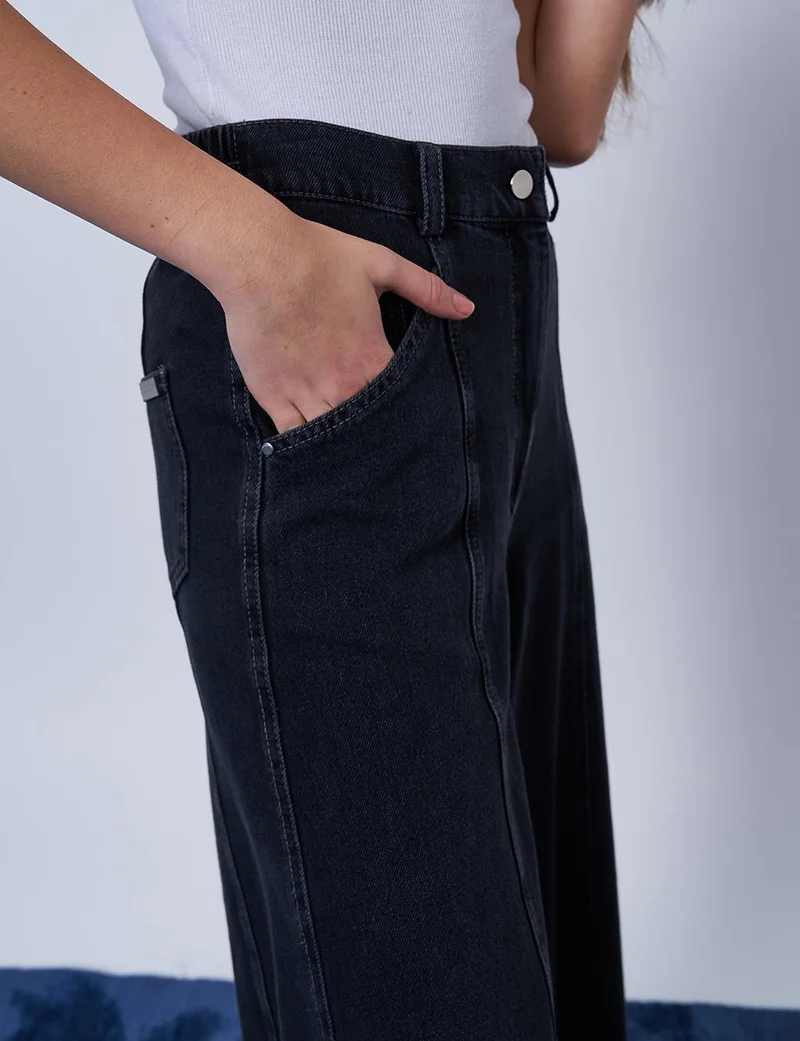 Kayra Stitch Detailed Denim Skirt Light Gray