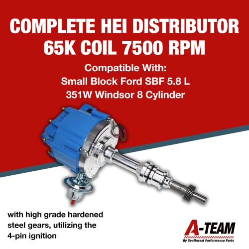 A-Team Performance - Complete HEI Distributor 65K Coil 7500 RPM - Compatible with Small Block Ford SBF 5.8 L 351W Windsor 8 Cylinder One Wire Installation Blue Cap - Image 3