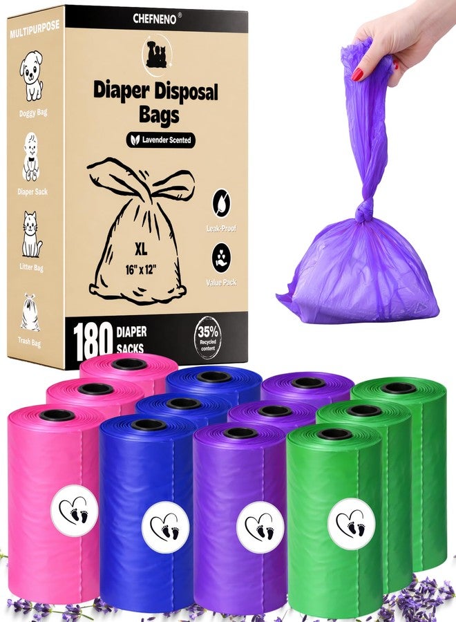 CHEFNENO Baby Diaper Bags 12 Refill Rolls (180 Diaper Sacks) Disposable Lavender Scented Dog Poop Waste Bags Cat Litter Clump & Poop Bags Sanitary Pad Waste Bags (180 Bags, Scented) - Image 1