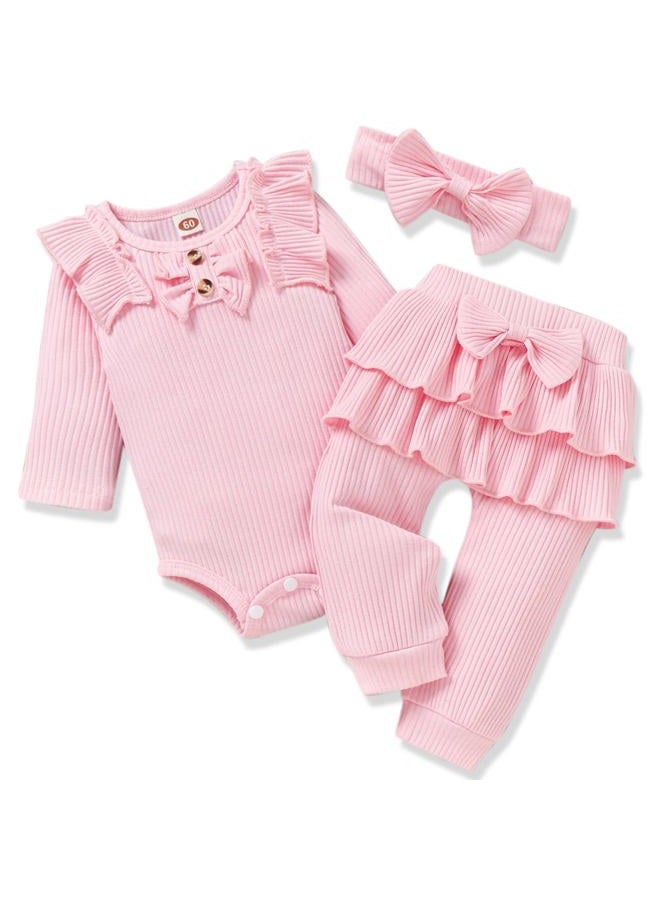 Aalizzwell Preemie Newborn Infant Baby Girls Clothes Ribbed Bodysuit Pants Set Fall Winter Outfits, Light Pink, Preemie - Image 1