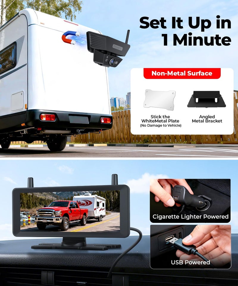 Foxpark Wireless Backup Camera Solar Magnetic: 7.2" 1080P HD Split-Screen Monitor with Strong Signal, 1Min Easy Install, DVR Recording, Portable Storage Bag, Back up Camera for RV, Truck, Trailer, Camper - Image 2