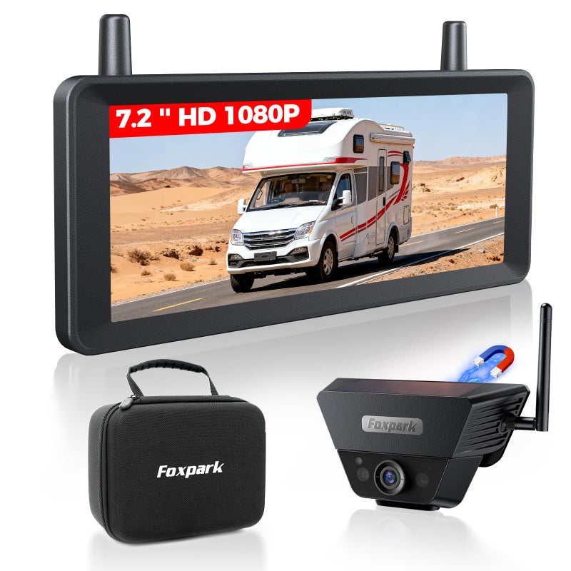 Foxpark Wireless Backup Camera Solar Magnetic: 7.2" 1080P HD Split-Screen Monitor with Strong Signal, 1Min Easy Install, DVR Recording, Portable Storage Bag, Back up Camera for RV, Truck, Trailer, Camper - Image 1