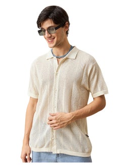 Beyoung Cream Half-Sleeves Knitted Mens Shirt  - Image 3