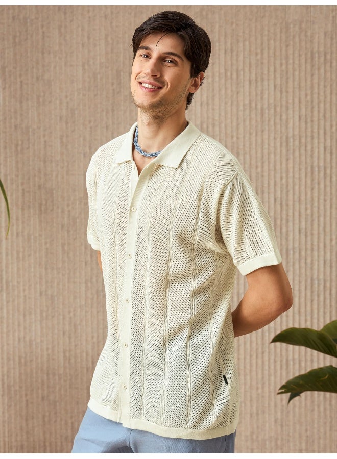 Cream Half-Sleeves Knitted Mens Shirt