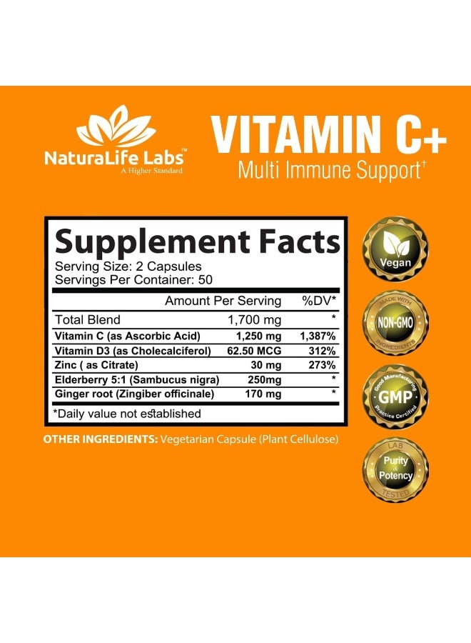 NaturaLife Labs Vitamin C 1,700 Mg With Vitamin D3, Zinc, Elderberry, Ginger Root - Maximum Strength Multi System Immune Support- 100 Veggie Capsules - Image 2
