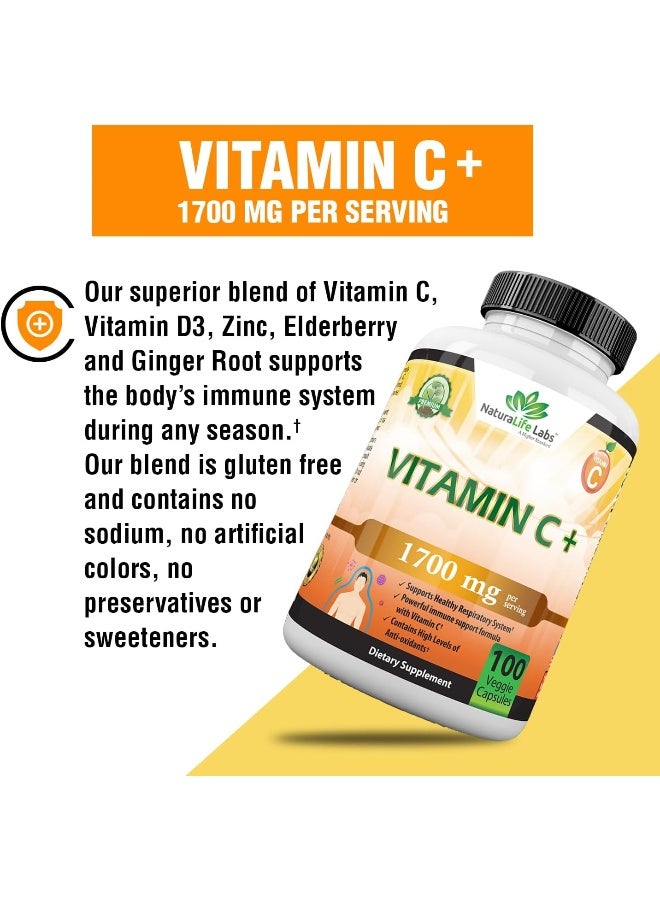 NaturaLife Labs Vitamin C 1,700 Mg With Vitamin D3, Zinc, Elderberry, Ginger Root - Maximum Strength Multi System Immune Support- 100 Veggie Capsules - Image 4