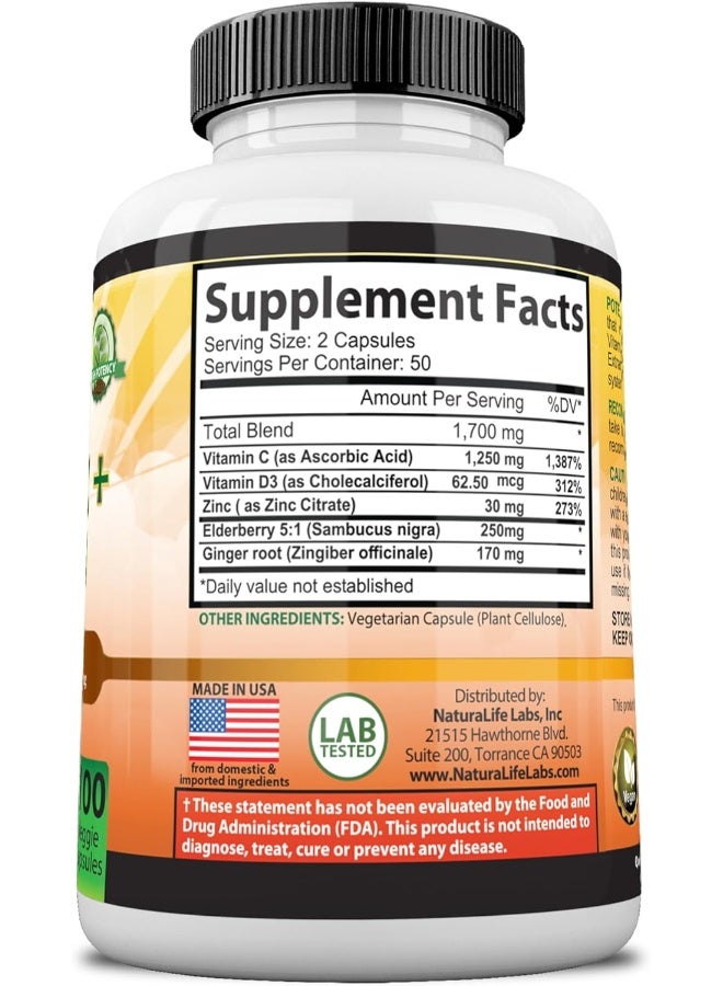 NaturaLife Labs Vitamin C 1,700 Mg With Vitamin D3, Zinc, Elderberry, Ginger Root - Maximum Strength Multi System Immune Support- 100 Veggie Capsules - Image 5