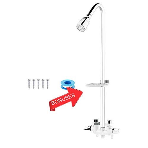 Artiwell Outdoor Shower Fixture System,with Rustproof Riser and Riser Extension, Double Handle Utility Shower Faucet with Showerhead and Soap Dish, Polished Chrome - Image 1