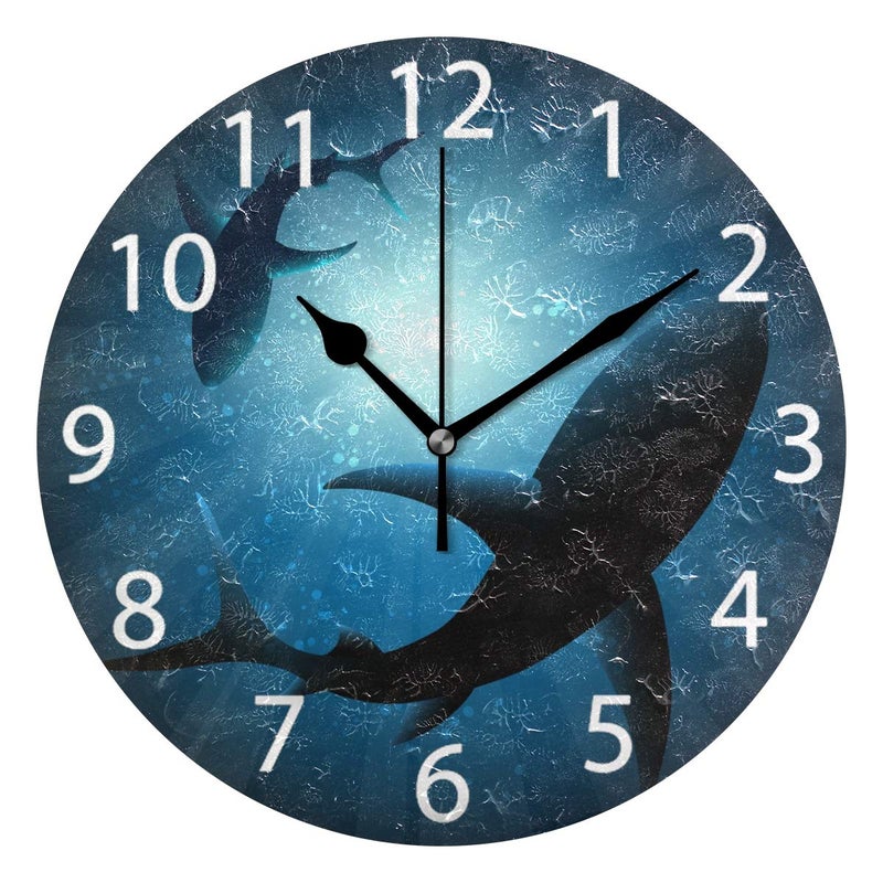 senya Sharks Under Water Round Wall Clock Silent Non Ticking Oil Painting Decorative for Home Office School Clock Art