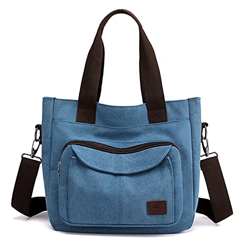 Sunshinejing Women's Canvas Tote Purse Casual Top Handle Handbag Multi-pocket Work Travel Shoulder Crossbody Bag (Blue) One Size - Image 1