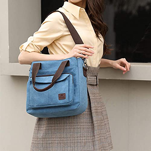 Sunshinejing Women's Canvas Tote Purse Casual Top Handle Handbag Multi-pocket Work Travel Shoulder Crossbody Bag (Blue) One Size - Image 4