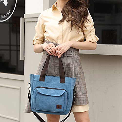 Sunshinejing Women's Canvas Tote Purse Casual Top Handle Handbag Multi-pocket Work Travel Shoulder Crossbody Bag (Blue) One Size - Image 2