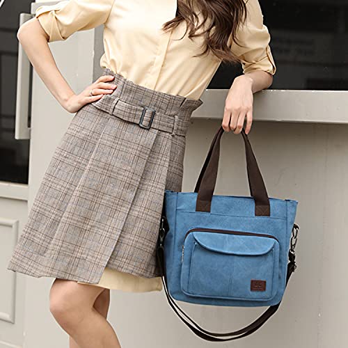Sunshinejing Women's Canvas Tote Purse Casual Top Handle Handbag Multi-pocket Work Travel Shoulder Crossbody Bag (Blue) One Size - Image 3