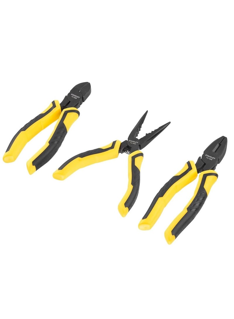 RACO Stanley Dynagrip Pliers Set | 3 Piece 150mm Combination, Diagonal Cutting, Long Nose, Black and Yellow - Image 1