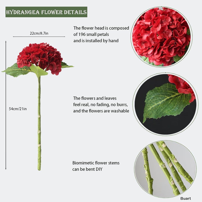 Buart 4PCS Long Stem Big Size Flowers Artificial Silk Hydrangea Lifelike Flowers Real Touch Red Artificial Flowers Wedding Shower Bride Bouquets Office Living Room Table Decorations (21 Inch) - Image 2