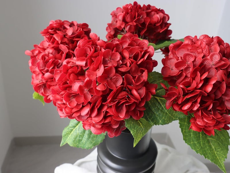 Buart 4PCS Long Stem Big Size Flowers Artificial Silk Hydrangea Lifelike Flowers Real Touch Red Artificial Flowers Wedding Shower Bride Bouquets Office Living Room Table Decorations (21 Inch) - Image 3