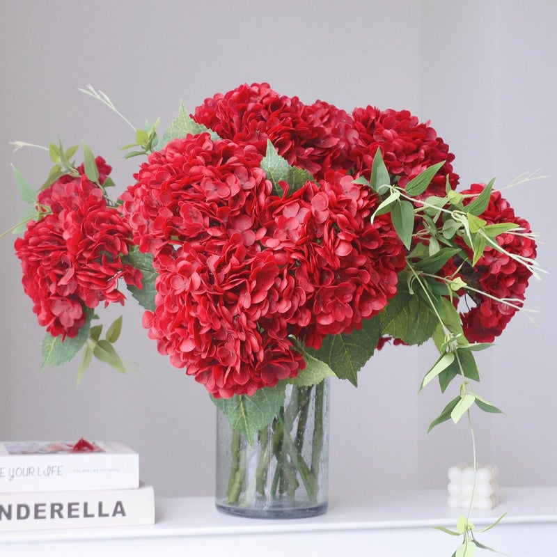 Buart 4PCS Long Stem Big Size Flowers Artificial Silk Hydrangea Lifelike Flowers Real Touch Red Artificial Flowers Wedding Shower Bride Bouquets Office Living Room Table Decorations (21 Inch) - Image 1