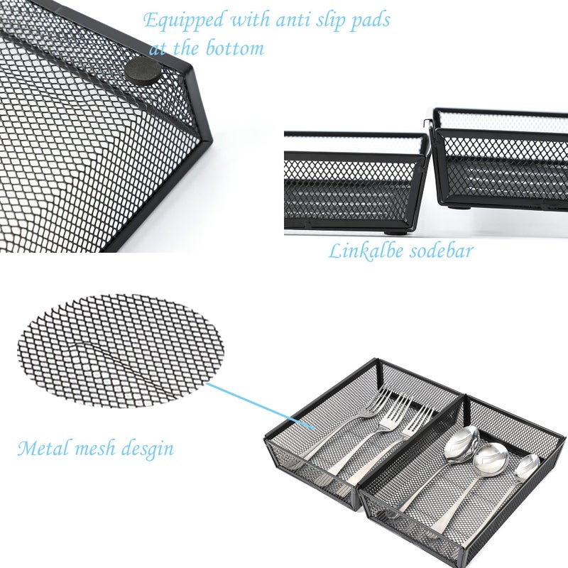 YFEEN Mesh Tray Kitchen Drawer Utensil Cutlery Tray Office Supplies with Inter-locking Arm Drawer Dividers Organizer for Silverware, Flatware, Home,Office, School,Bedroom(9ï¼‚X6ï¼‚4pack) Black - Image 3