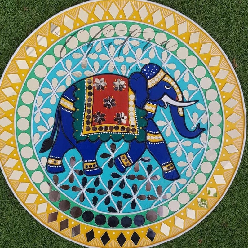 Chitra Artworks أعمال فنية شيترا_لوحة مرآة طينية مصنوعة يدويًا لتزيين الجدران 12 × 12 بوصة عبوة من 1 فيل - Image 2