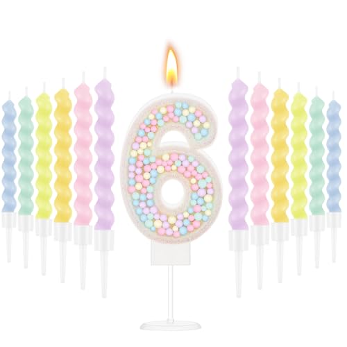MTLEE Number 6 Birthday Candle with 12 Pcs Spiral Candles for Girls Macaron Pastel Rainbow Unicorn Pink Cake Topper for Sweet Theme Party Decoration - Image 1