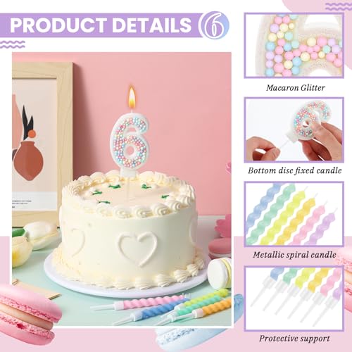 MTLEE Number 6 Birthday Candle with 12 Pcs Spiral Candles for Girls Macaron Pastel Rainbow Unicorn Pink Cake Topper for Sweet Theme Party Decoration - Image 3