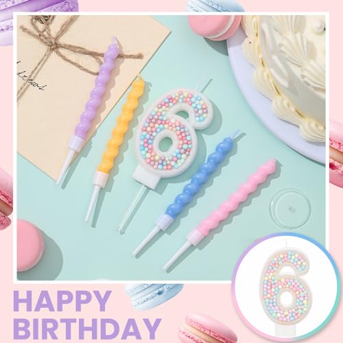 MTLEE Number 6 Birthday Candle with 12 Pcs Spiral Candles for Girls Macaron Pastel Rainbow Unicorn Pink Cake Topper for Sweet Theme Party Decoration - Image 4