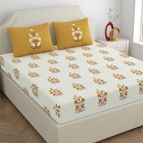 Home Ecstasy 100% Cotton King Bedsheet with 2 Pillow Covers - (Size 87 x 108 inches, 140 TC, Colour - Mustard: Granola Mustard) - Image 1