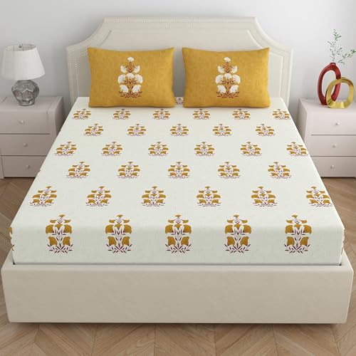 Home Ecstasy 100% Cotton King Bedsheet with 2 Pillow Covers - (Size 87 x 108 inches, 140 TC, Colour - Mustard: Granola Mustard) - Image 2
