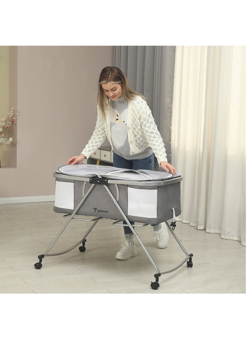 TEKNUM 3 IN 1 Baby Cot/Cradle With Mosquito Net & Wheels Dark Grey  - Image 5