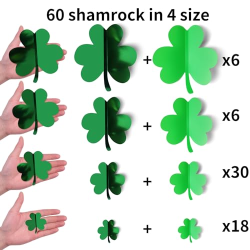YOTNUS 60 Pcs St. Patrick's Day Shamrock Wall Stickers, 3D Green Lucky Shamrock Wall Decor, Waterproof Wall Decals, for Spring Holiday Party Bedroom Home Office School Decor, 4 Different Sizes - Image 2