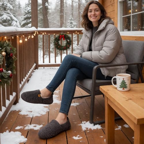 EverFoams Women’s Soft Curly Full Slippers Memory Foam Lightweight House Shoes Cozy Loafer with Polar Fleece Lining Dark Grey,7-8 US - Image 2