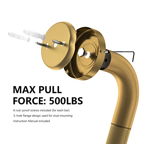 ZUEXT 2 Pack 20 Inch Anti Slip Bronze Shower Grab Bar Polished Gold,ZUEXT Antique Brass Bathroom Grab Bar, Knurled Balance Bar,Safety Hand Rail Support Handicap Elderly Injury Senior Assist Bath Handle - Image 3