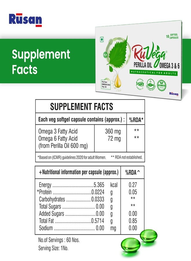 Rusan RuVega Plant-Based Omega 3 & 6 Softgel 10 Capsules | Herbal Perilla Oil with ALA | Fish-Free Softgel Nutraceutical for Adults | Vegan Supplements | Supports Heart, Brain, Joint & Skin Health - Image 5