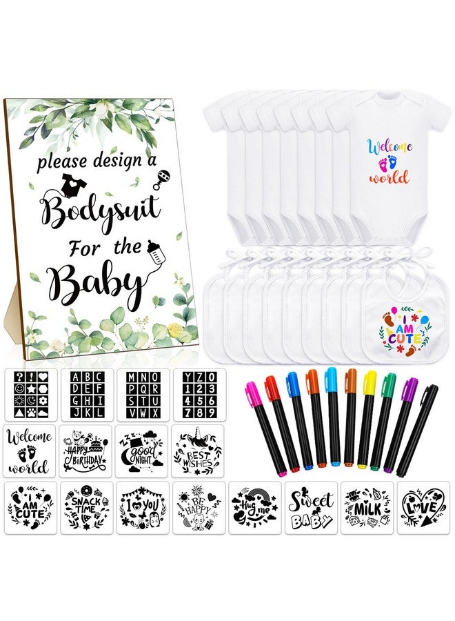 Chuarry 43 Pcs Diy Baby Bibs Decorating Kit 8 Bodysuits 8 Pcs 2 Ply White Bibs 10 Fabric Markers 16 Stencils Baby Shower Sign (Greenery)  - Image 1