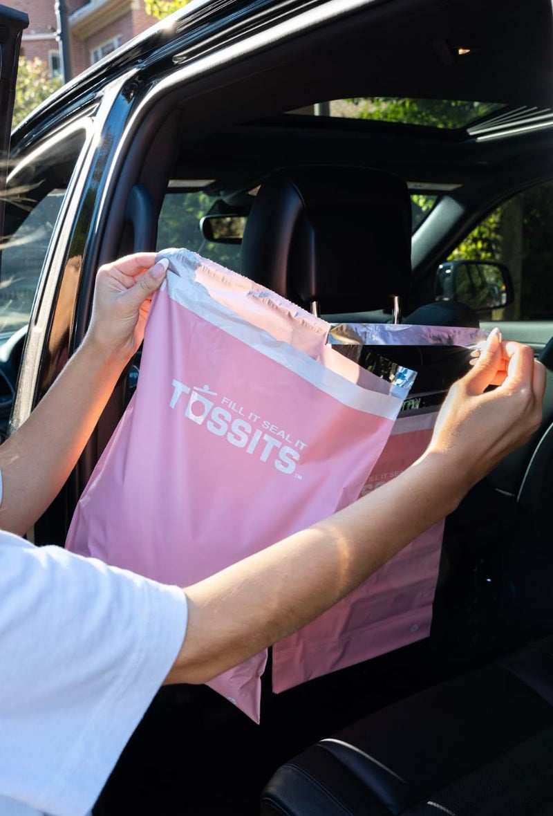 Tossits Disposable Car Trash Bag Hanging (Pink, Set of 7) - Leak-Proof, Smell-Proof Automobile Trash Container, Eco-Friendly, Thick, Large 12x15 Car Trash Bin with Sturdy Header Board - Image 1