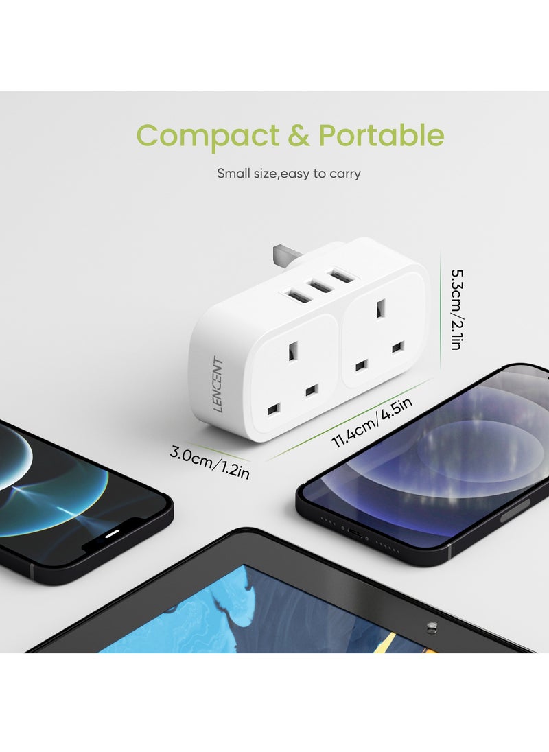 Lencent - USB Plug Extension with 3 USB Ports, 2 Way USB Socket Extension, 5-in-1 USB Outlet Plug Extender for Household Appliances, iPhone, Smartphone Tablets, Ideal for Home Office Bedroom, 13A 3250W - Image 1