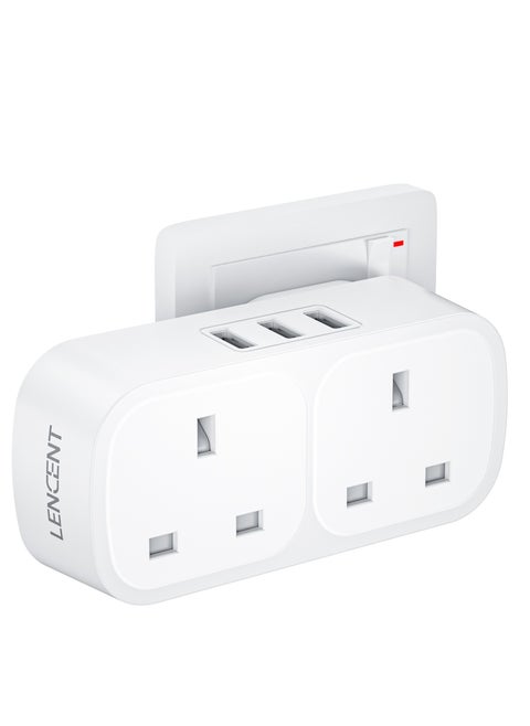 USB Plug Extension with 3 USB Ports, 2 Way USB Socket Extension, 5-in-1 USB Outlet Plug Extender for Household Appliances, iPhone, Smartphone Tablets, Ideal for Home Office Bedroom, 13A 3250W