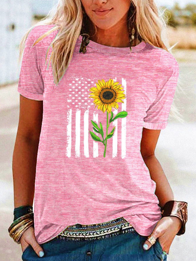 wish flag sunflower pattern printed contrast short sleeve T-shirt for women - Image 1