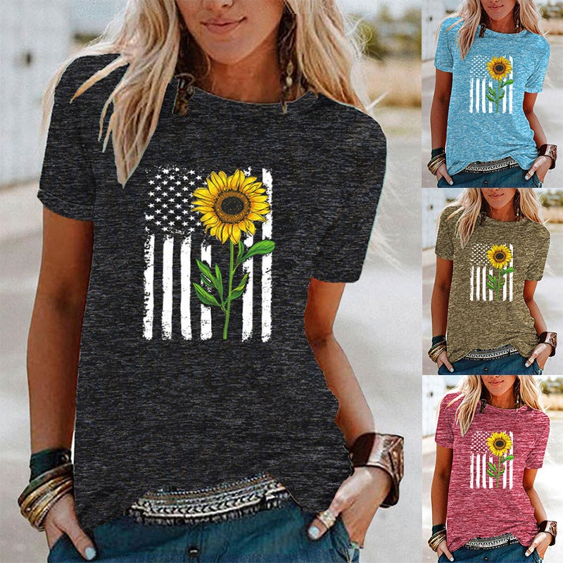 wish flag sunflower pattern printed contrast short sleeve T-shirt for women - Image 2