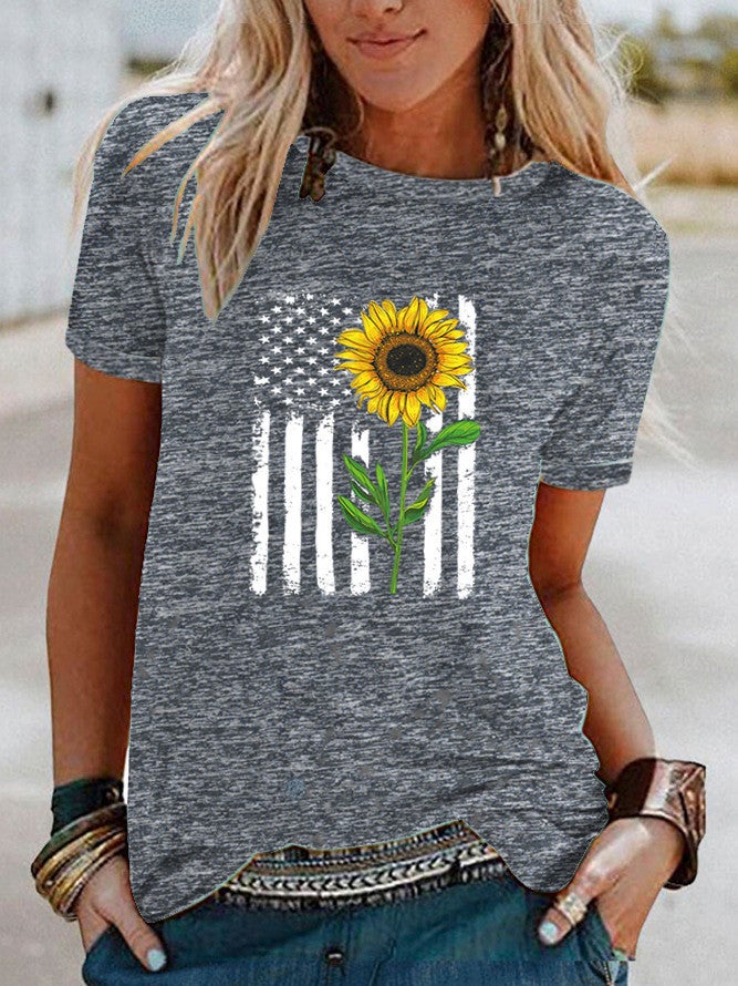 wish flag sunflower pattern printed contrast short sleeve T-shirt for women - Image 5