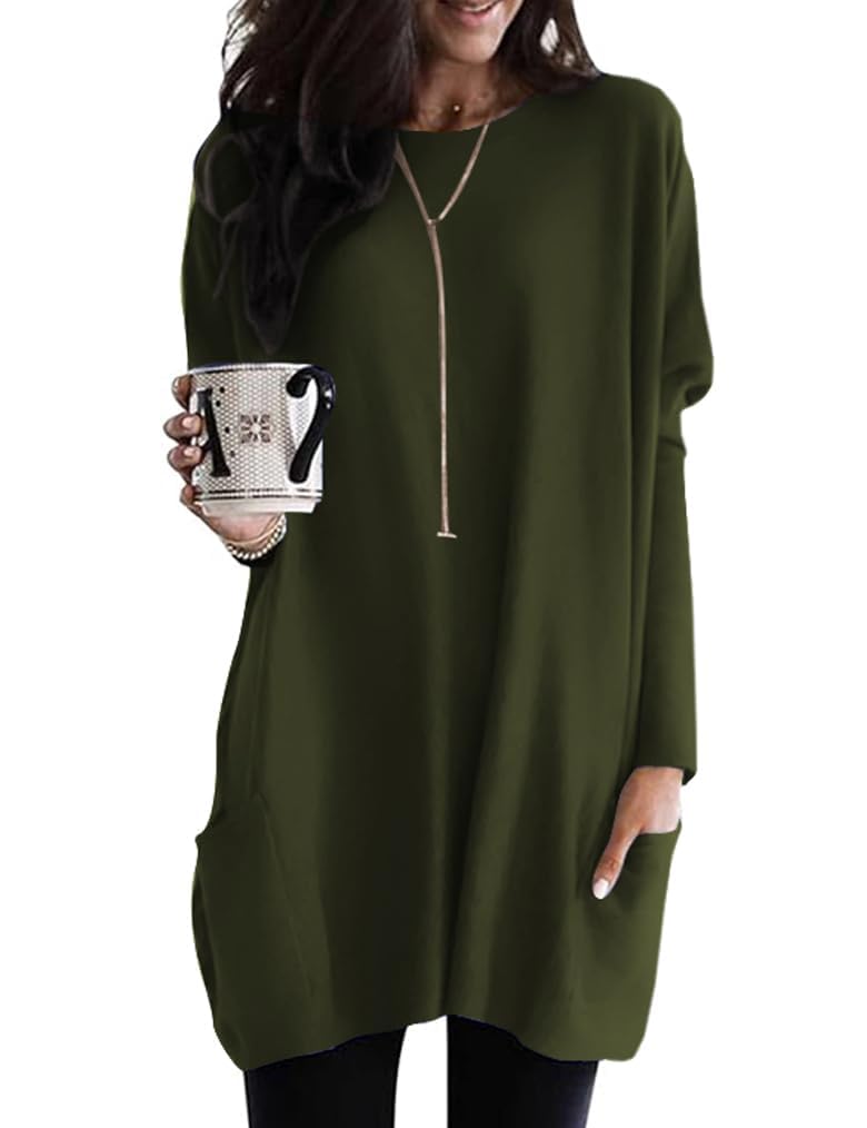 Poetsky XXXL Olive Green Women Shirts Dressy Casual 2026 Tunic Sweaters Loose Fit Workout Tops Petite Sweater Dress with Pockets Plus Size Outfits to Wear with Leggings - Image 1