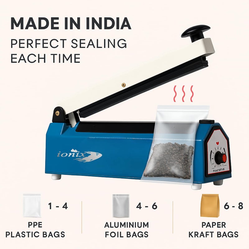 IONIX Sealing Machine for Food Packets | 1 Year Warranty, 8 Inch | Packet Sealer Machine, Packing Machine Sealing, Plastic Sealing Machine, Heavy metal Body From Full Customer Support (Blue - 200mm) - Image 2