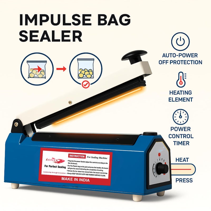 IONIX Sealing Machine for Food Packets | 1 Year Warranty, 8 Inch | Packet Sealer Machine, Packing Machine Sealing, Plastic Sealing Machine, Heavy metal Body From Full Customer Support (Blue - 200mm) - Image 3