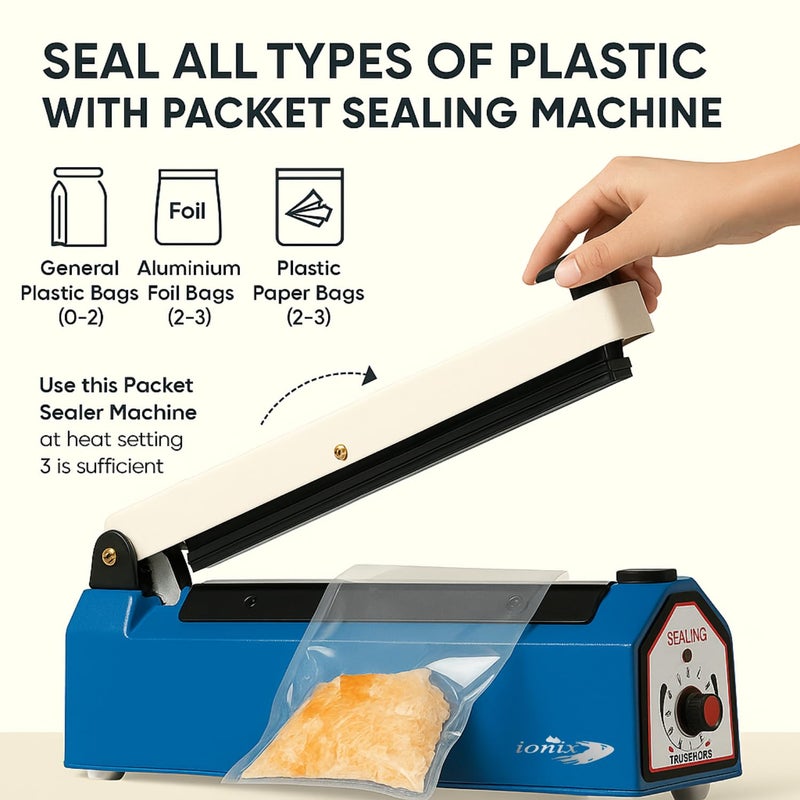 IONIX Sealing Machine for Food Packets | 1 Year Warranty, 8 Inch | Packet Sealer Machine, Packing Machine Sealing, Plastic Sealing Machine, Heavy metal Body From Full Customer Support (Blue - 200mm) - Image 4